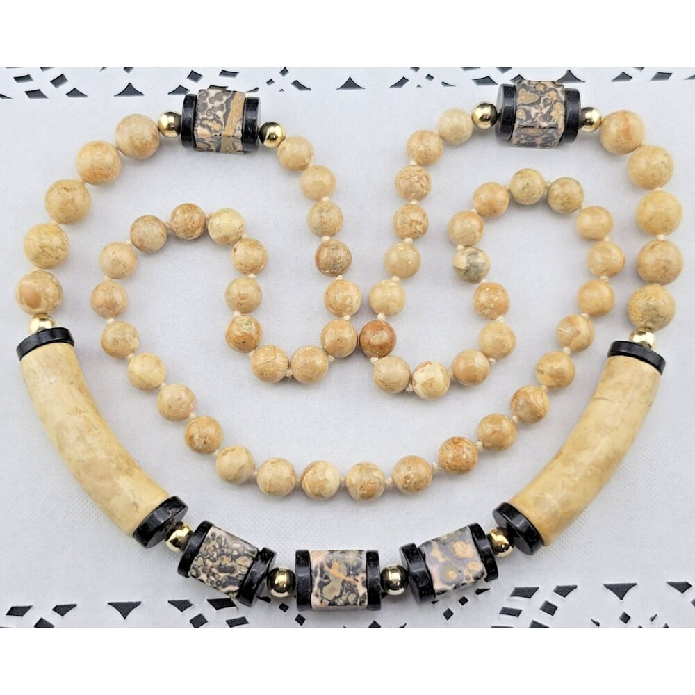 Beautiful Travertine Marble Leopard 🐆 Jasper Black Onyx Stone Bead 32" Necklace